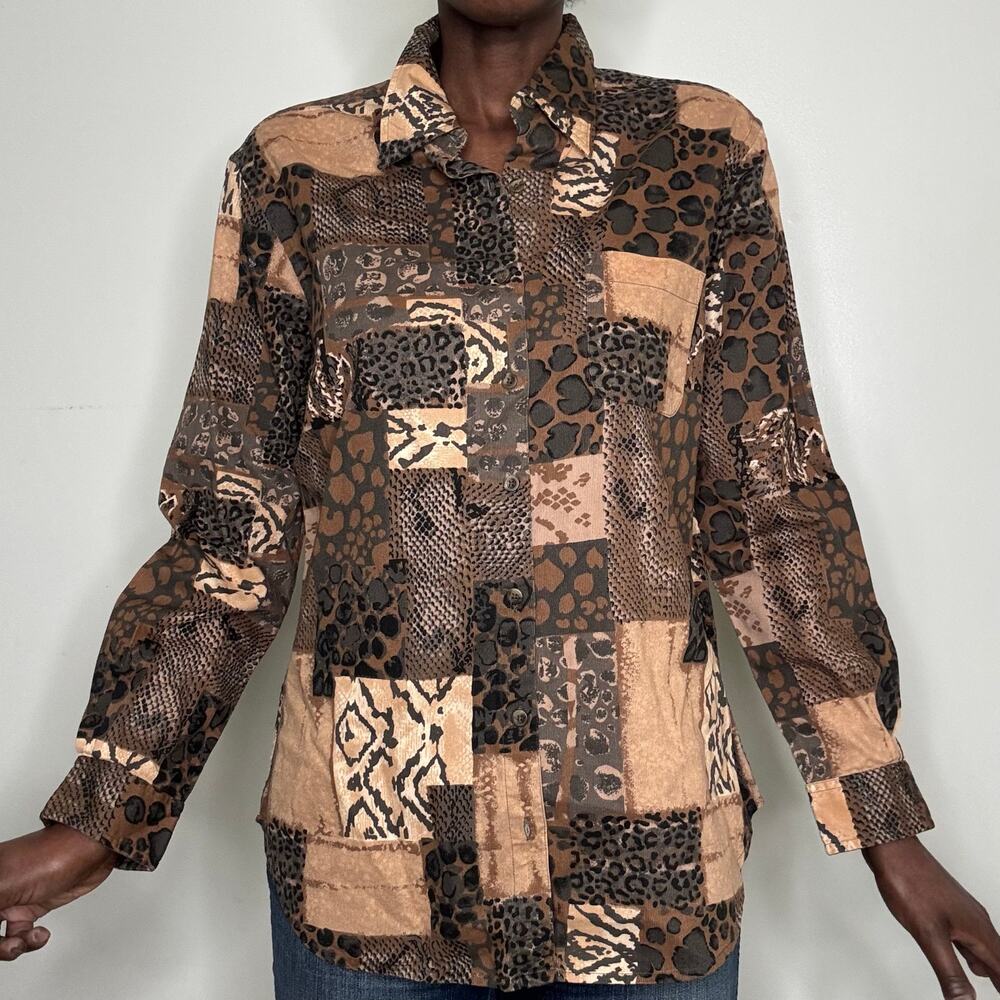 VINTAGE | 1990s Brown Micro Corduroy Patchwork Button up Cotton Blouse Size L